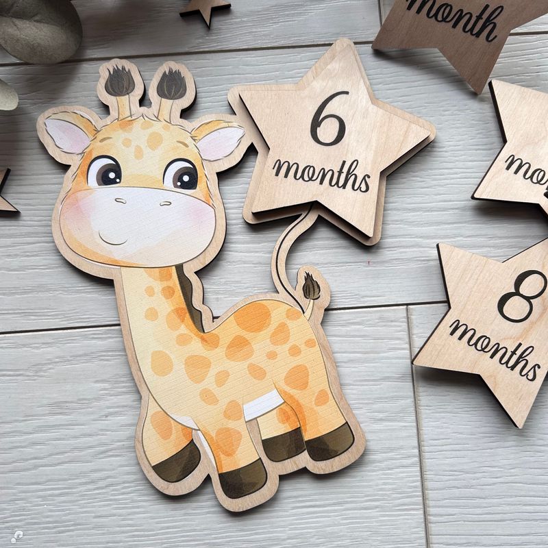 Милі кольорові дерев'яні таблички для фото дитини по місяцях в формі жирафа