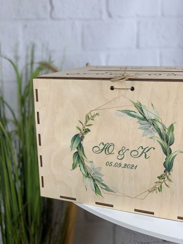 Свадебная коробка для денег из дерева с цветной печатью