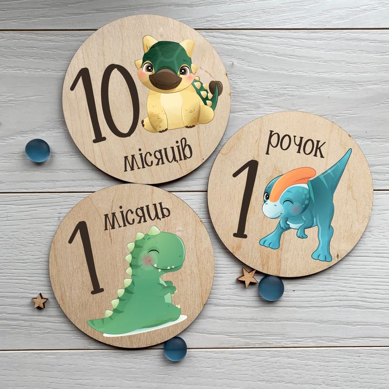 Набір кольорових дерев'яних табличок для фото з немовлятами по місяцях в стилі динозаврів, від 1 місяця до року