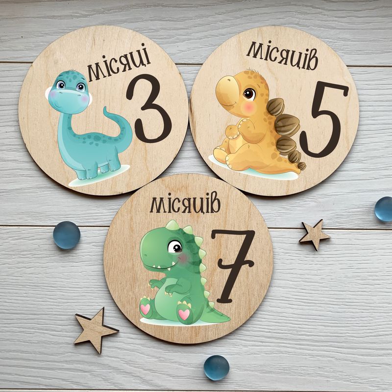 Набор цветных деревянных табличек для фото с младенцами по месяцам в стиле динозавров от 1 месяца до года