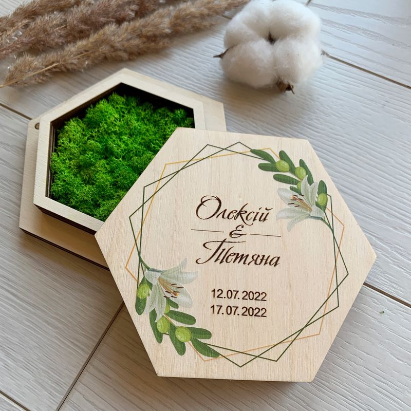 Свадебная коробочка для колец с салатовым мхом и оливковым принтом