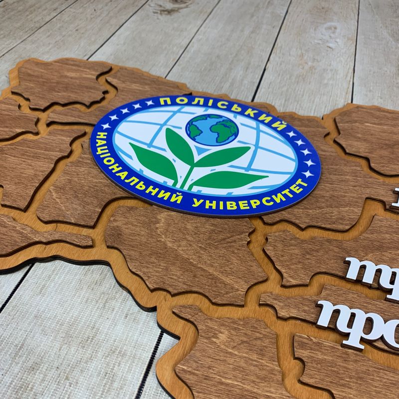 Велика дерев'яна багатошарова карта України 90*55 см з логотипом на замовлення
