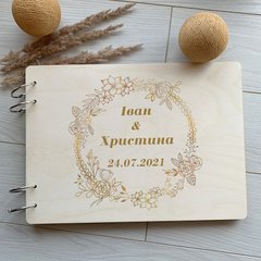 Свадебный деревянный альбом для фото и записей с печатью принта