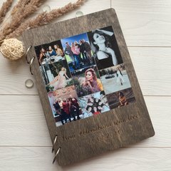 Деревянный фотоальбом с коллажем и гравировкой на обложке