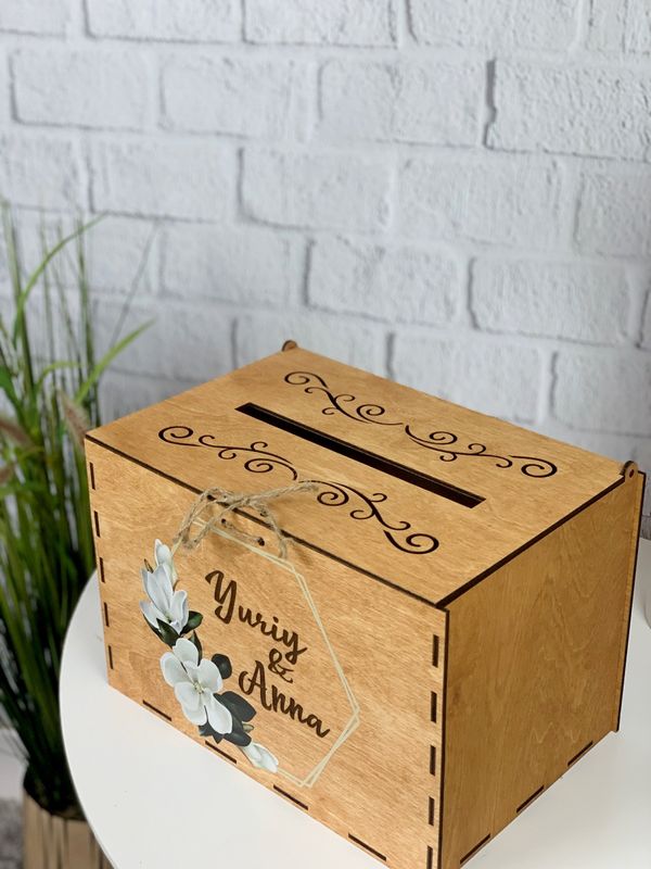 Деревянная свадебная коробка для денежных конвертов, принт «Магнолия»