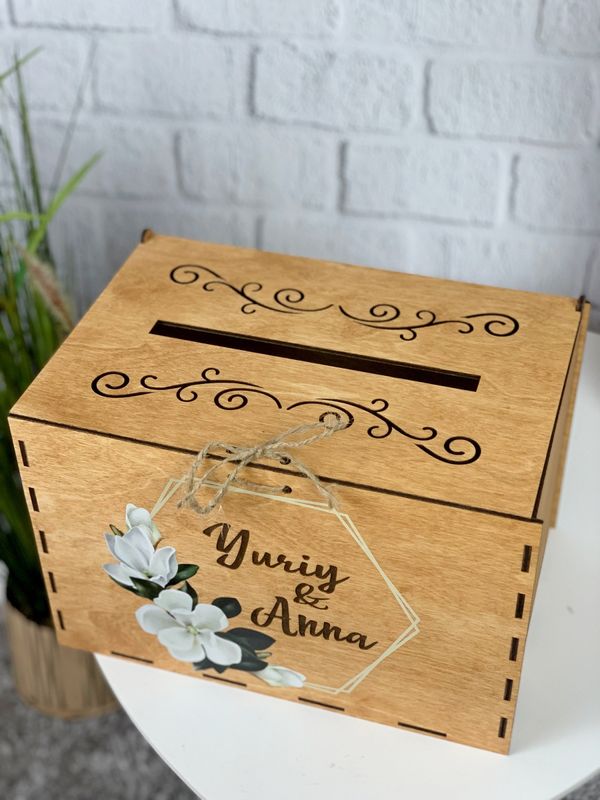 Дерев`яна весільна коробка для конвертів з грошима, принт «Магнолія»