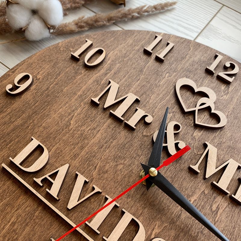 Подарок на деревянную свадьбу деревянные именные часы на стену
